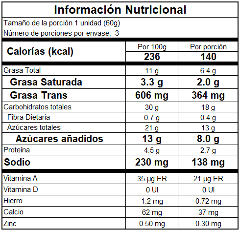 Información nutricional Tres Leches sabor Vainilla